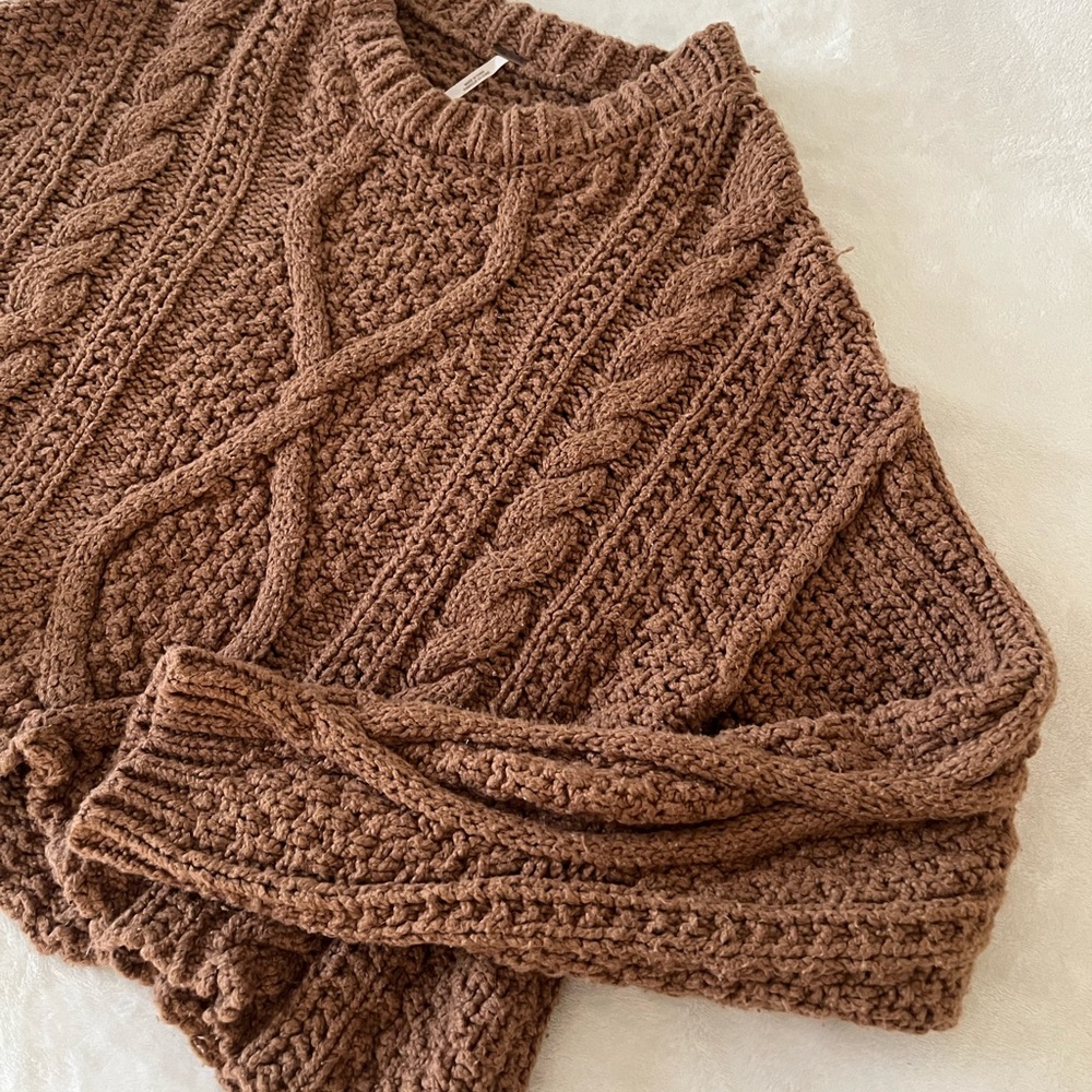 Free People Brown Cable Knit Crew Neck Sweater